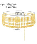 Dope Adjustable Gold Coin Waist Chain For Belly Dance Flexes And Festival Vibes Slim Body Jewelry With Flowing Brass Tassels to show measurements.