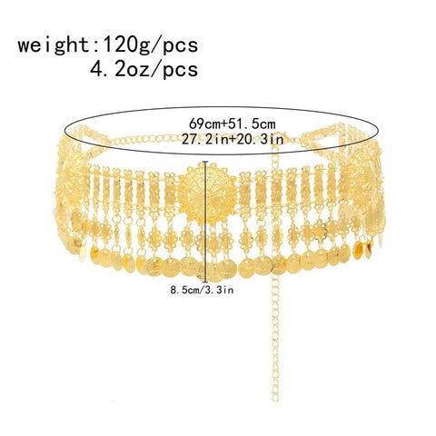 Dope Adjustable Gold Coin Waist Chain For Belly Dance Flexes And Festival Vibes Slim Body Jewelry With Flowing Brass Tassels to show measurements.