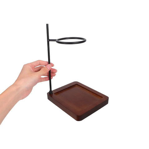 Top Shelf Wood Coffee Dripper Stand Built Tough With Stainless Base, showing a handmade wood base and steel holder.