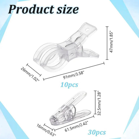 Large Transparent Balloon Clips Plastic Spring Clamps For Birthday Party Backdrop Decoration Craft Woodworking Photography Studio Reusable Strong Hold Garlands And More. Clear plastic balloon clips shown in 3.58-inch and 2.42-inch sizes, 10pcs and 30pcs.