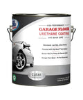 Clear High Gloss Garage Floor Urethane Sealant With Premixed Slip Resistant Grit For Hella Grippy Floors Non Yellowing Peel Safe Formula Ready To Roll Covers Up To Two Hundred Square Feet One Gallon Size in a metal can with a handle.