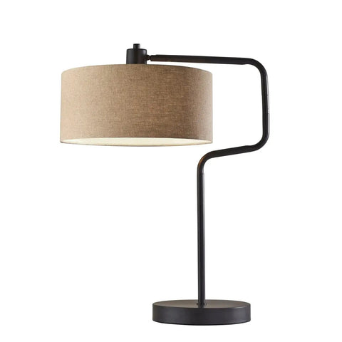 Jacob Table Lamp With Swing Arm, 24 To 25.5 Inch Tall, Antique Bronze Finish, 60W Socket, Natural Woven Drum Shade, Small Lamp