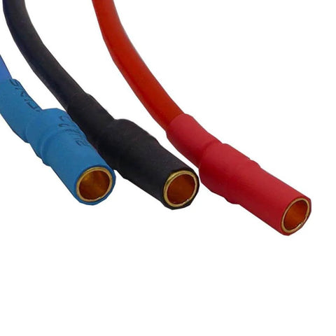 Close-up of Six Pack 3.5mm Banana Gold Bullet Connector Extension Cables for RCs, Brushless Motors and ESCs with colored silicone wires.