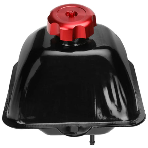 Front view of Tough As Nails Metal Gas Fuel Tank Cap For 50cc To 125cc ATVs Quad Bikes with red cap and black tank.