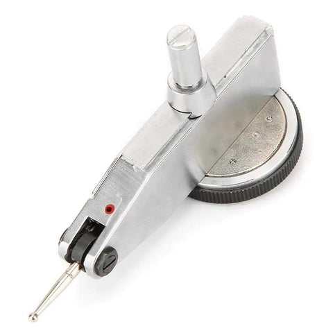 High Precision Dial Indicator With 0 To 0.8mm Range And 0.01mm Resolution Aluminum Pro Grade Gauge Featuring Dovetail Clamp And Storage Case For Mechanical Measurement 32mm Dial Rustproof And Durable showing side view with probe.