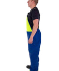 Side view of Heavy-Duty Waterproof Bib Pants With Knee Pads And Welded Seams For Fishing, Pressure Washing And Industrial Work, 650gsm PVC Rain Gear, Internal Pocket, Triple Layer Knee Protection, Reinforced Knees, Removable Pads, Blue Neon, Size S
