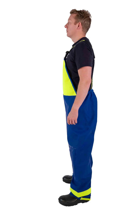 Side view of Heavy-Duty Waterproof Bib Pants With Knee Pads And Welded Seams For Fishing, Pressure Washing And Industrial Work, 650gsm PVC Rain Gear, Internal Pocket, Triple Layer Knee Protection, Reinforced Knees, Removable Pads, Blue Neon, Size S