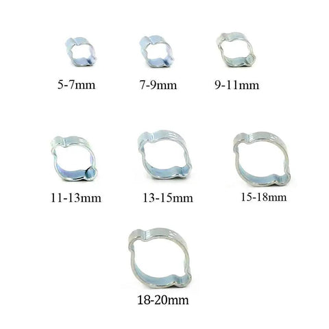 70 Piece Zinc Plated Double Ear Hose Clamp Kit With Standard Jaw Pincers For Auto Work shown in 7 sizes, 5-20 mm clamps
