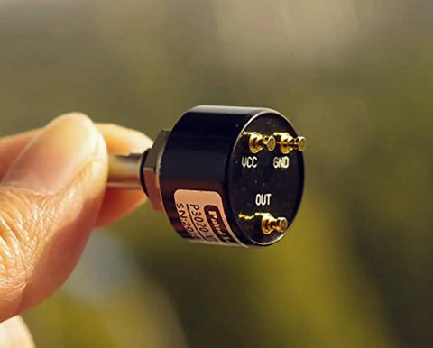 Close-up of Ultra Compact 20mm Contactless Digitized Potentiometer Hall Angle Encoder Sensor showing connections for robotics