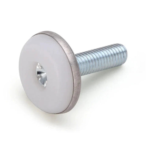 M8x25 Chair Leg Floor Protectors 40 Pack Adjustable Furniture Levelers screw with white plastic cap and metal thread for stability.