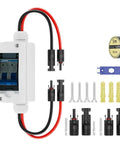 Built Tough Outdoor Solar Panel Disconnect Switch 30 Amp 400V Breaker Box With IP65 Waterproof Enclosure shown with accessories