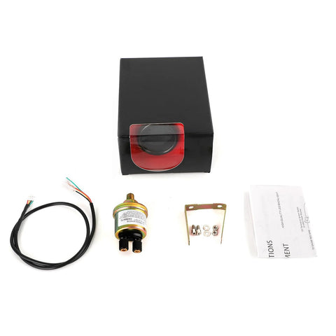 Front view Nrkiscy 52mm oil pressure gauge kit white housing, black dial, smoked lens includes sensor, wiring, bracket