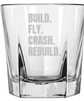 RC aircraft rocks glass with "Build. Fly. Crash. Rebuild." text, 10 oz capacity, Radio Controlled Aircraft Rocks Glass Gift For RC Plane Nerds And Dudes Pilot Themed Whiskey Tumbler For After Flight Crashes Build Fly Rebuild Humor Perfect Gift For RC Enthusiasts And Aviation Fans.