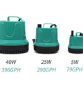 Three green submersible water pumps with handles of 40W, 25W, and 5W, labeled with GPH rates for pond and aquarium use.