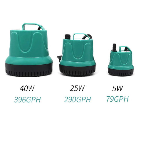 Three green submersible water pumps with handles of 40W, 25W, and 5W, labeled with GPH rates for pond and aquarium use.
