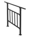 Heavy Duty Three Step Outdoor Steel Handrail Featuring Integrated Child Guard Panel And Weather Resistant Finish For Front Porch Stairs, shown from side view.