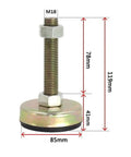 Set Of Ten Heavy Duty Furniture Leveling Feet With Titanium Coated Stainless Steel Rods And M20 Threads To Quickly Square Up Wobbly Tables Counters Rock Solid Anti Slip Base, M18 leveling foot with measurements.