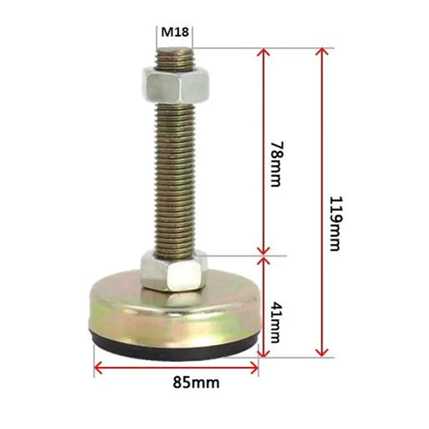 Set Of Ten Heavy Duty Furniture Leveling Feet With Titanium Coated Stainless Steel Rods And M20 Threads To Quickly Square Up Wobbly Tables Counters Rock Solid Anti Slip Base, M18 leveling foot with measurements.