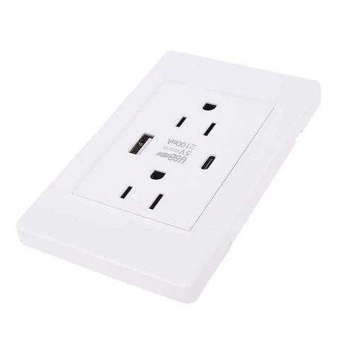 Top-Tier 15A Wall Outlet With Built-In USB And Type-C Ports For Seamless Dual Device Charging with a white heavy-duty steel frame.
