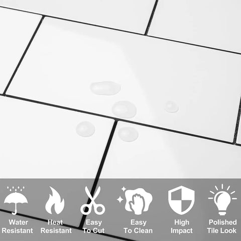Polished White Peel and Stick Backsplash Tiles Set, 10 Sheets 12x12 PVC, showcasing scratch resistant, fade proof features.