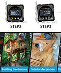 Four-step usage of Digital Angle Finder With Laser And Magnetic Cube Protractor For Woodworking, showing applications.