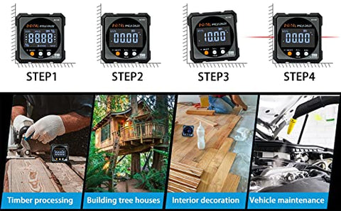 Four-step usage of Digital Angle Finder With Laser And Magnetic Cube Protractor For Woodworking, showing applications.