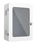 Heavy Duty Wall Mount EV Charger Protection Box with tempered glass door, white finish, secure lock housing for driveway setup.