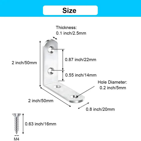 Diagram of 8 Pack L Bracket Corner Braces 2 Inch Stainless Steel Heavy Duty Shelf Bracket dimensions and thickness.