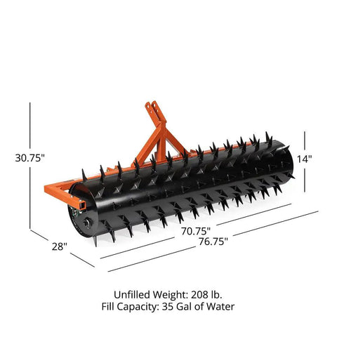 Six Foot Drum Spike Aerator For 3 Point Hitch On Cat 1 And Cat 2 Tractors, tow behind, with 35 gal fill capacity, dimensions labeled