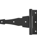 No Fuss Heavy Duty 6 Inch Ornamental T Hinge for Wood or Vinyl Gates and Sheds, crafted from hot rolled steel with black finish.
