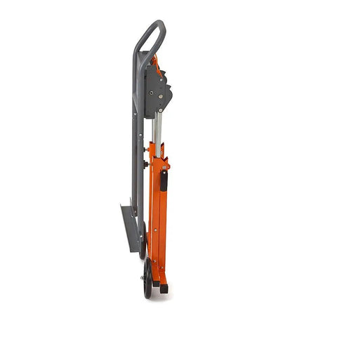 Side view of folded Next Gen Panel Carrier and Panel Dolly, Table Saw Feed Stand with Adjustable Height, showing wheels and handle