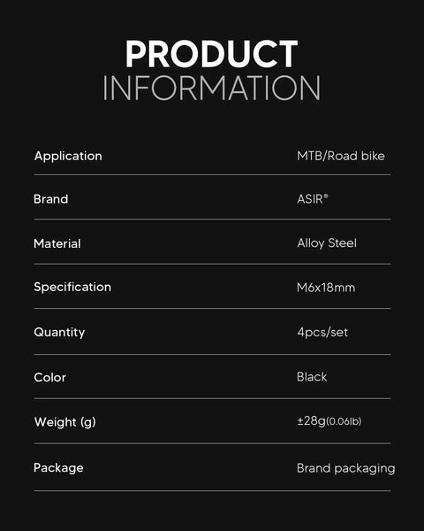 Product information chart for Beefy Alloy Steel Bike Disc Brake Caliper Bolts Set With Washers M6x18mm Allen Screws, black alloy steel.