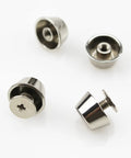 Top Shelf Heavy Duty Brass Purse Feet With Crisp Silver Rivet Screws For Handbags Knockout Bag Bottom Studs and Badass Pro Grade Leg Hardware Kit For Leather Craft, showing four shiny brass purse feet with screw backs.