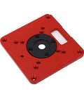 Premium Aluminum Router Table Insert Plate Built Tough With Dual Scale Alignment Dead Nuts Accurate Precision Calibration For Smooth Woodworking And No Sweat Setup in red with black center detail.