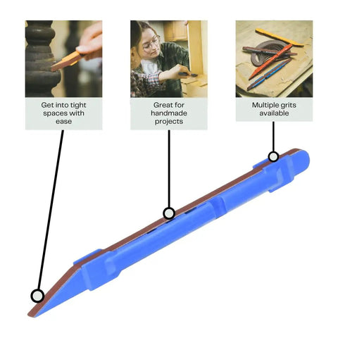 Blue sanding stick from Sanding Detailer Kit With 5 Color Coded Sticks And 2 Extra Replacement Belts, highlighting uses and grits.
