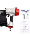Pro-Grade Pneumatic Roofing Nailer 15 Degree Coil Nailer with goggles, hex keys, and manual included in the packaging.