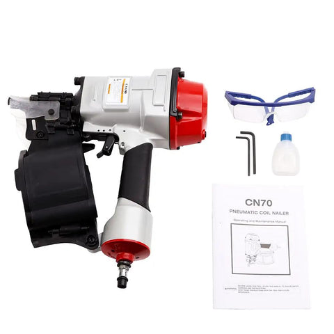 Pro-Grade Pneumatic Roofing Nailer 15 Degree Coil Nailer with goggles, hex keys, and manual included in the packaging.