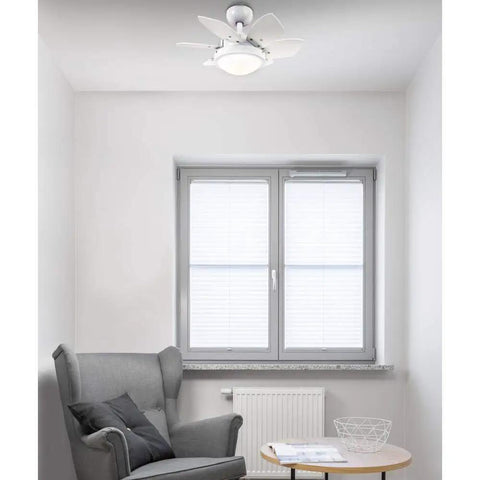 24 Inch Ceiling Fan With Light In White Finish, Dimmable LED Fixture in small modern room, opal frosted glass view