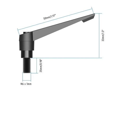 Badass M6 Clamping Lever Handles Offer a Sick Quick Release Rotation Black Hex Socket Screw Bolt Stud Knobs crafted for lathe machinery. Side view with dimensions.