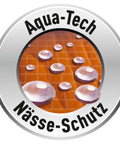 Aqua-Tech logo showcasing water droplets on a wooden surface, representing Top Shelf Walnut Wood Stain And Sealant 2 In 1 Water Based Exterior Coating For Decks And Fences With Heavy Duty All Weather Protection Against UV Rays And Moisture Block No Primer Needed 4 Liter.