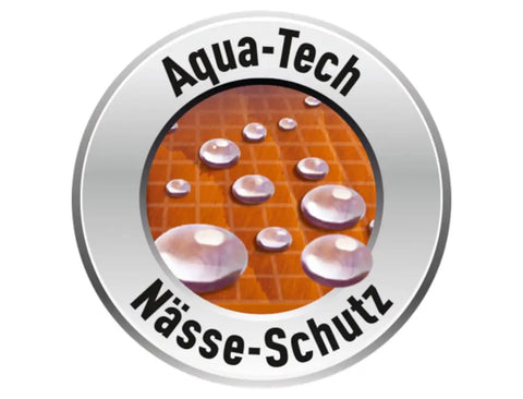 Aqua-Tech logo showcasing water droplets on a wooden surface, representing Top Shelf Walnut Wood Stain And Sealant 2 In 1 Water Based Exterior Coating For Decks And Fences With Heavy Duty All Weather Protection Against UV Rays And Moisture Block No Primer Needed 4 Liter.