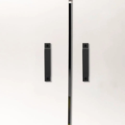 Black 2 Pack Barn Door Handles Beefy Metal Sliding Door Pull Handles for cabinet installation on white doors.