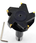 OSCARBIDE indexable end mill, close-up view, R8 shank, 3 in dia, 6 in OAL, 90-degree, 5-flute carbide inserts