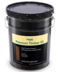 Five Gallon Canyon Brown Premium Timber Oil Wood Stain in black can with label, ideal for exterior wood applications.