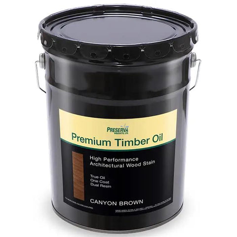 Five Gallon Canyon Brown Premium Timber Oil Wood Stain in black can with label, ideal for exterior wood applications.