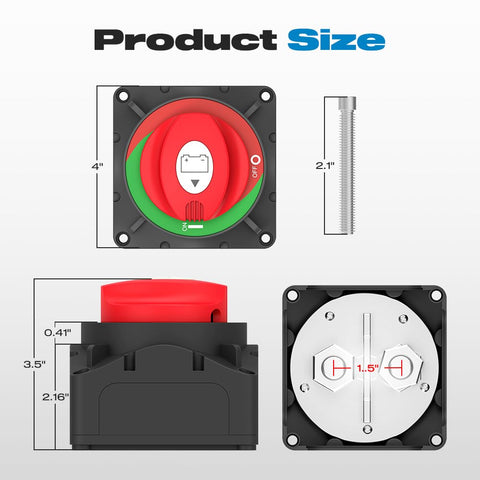 Beefy 600A Battery Disconnect Switch 12 To 48V Heavy Duty Master Isolator dimensions and components view