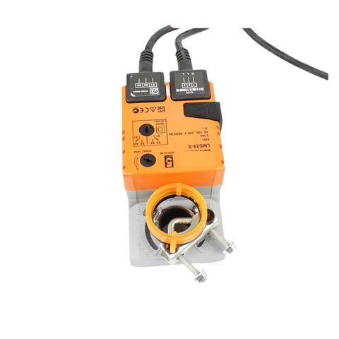 High Torque Damper Actuator With No Sweat Setup For Smooth HVAC Climate Control And Hella Durable Building Automation, top view with connectors.