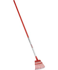 Fixed Tine Shrub Rake With Aluminum Handle 8 Inch Wide shown with red tines and long handle for garden cleanup