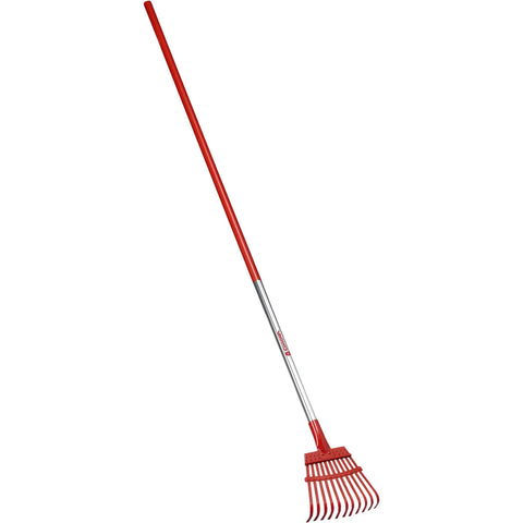 Fixed Tine Shrub Rake With Aluminum Handle 8 Inch Wide shown with red tines and long handle for garden cleanup