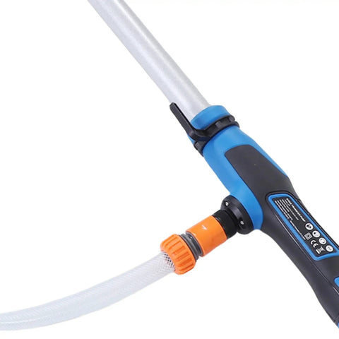 Close-up of Cordless Stick Water Transfer Pump With Reinforced Aluminum Abs Body, hose connection and nozzle detail, for fluid extraction.